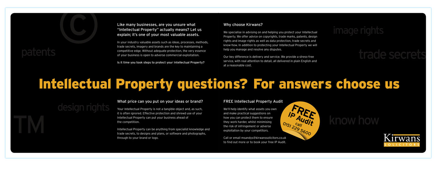 Intellectual Property brochure design for Kirwans Solicitors