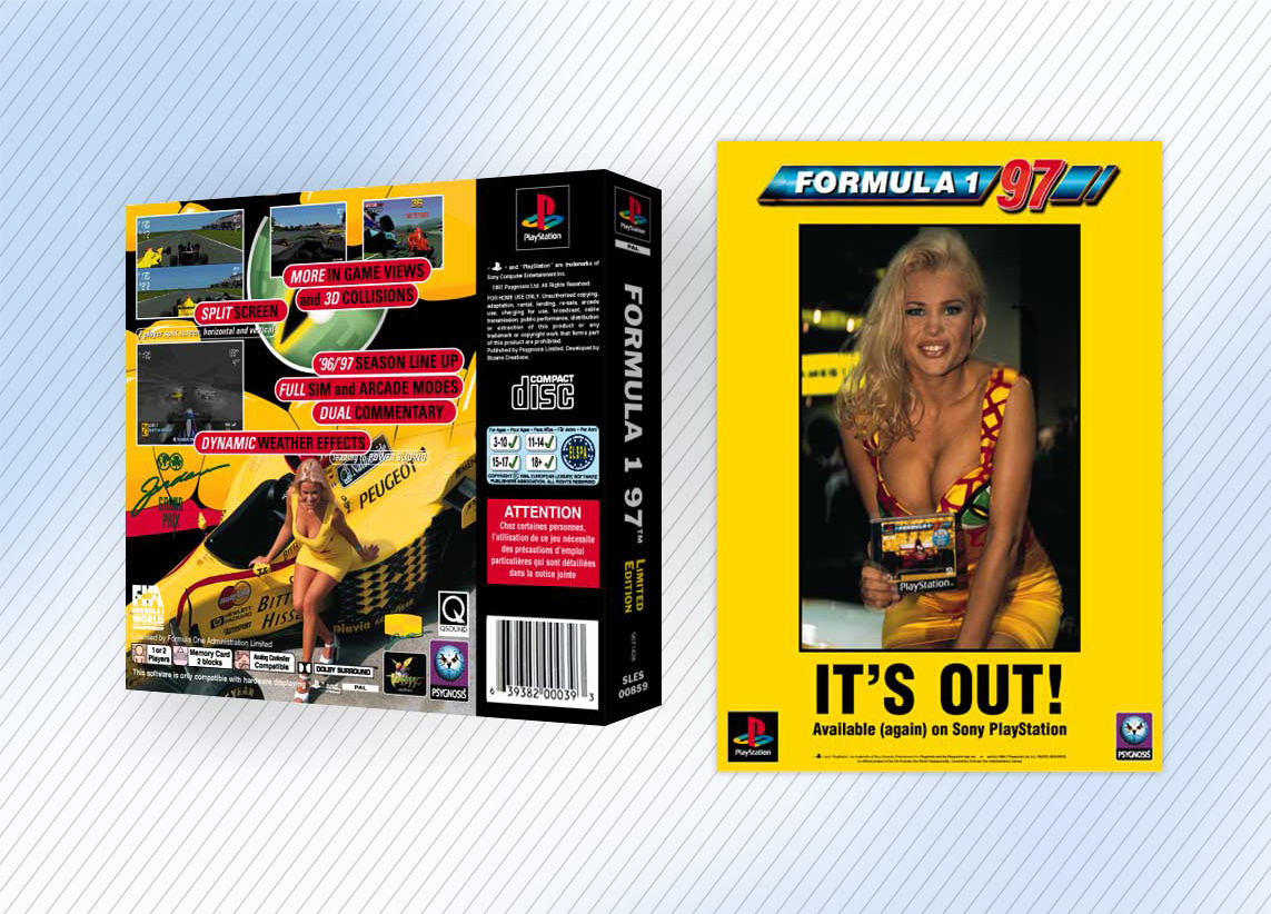 Limited edition pack design for Jordan F1 team on the Sony PlayStation and advert.