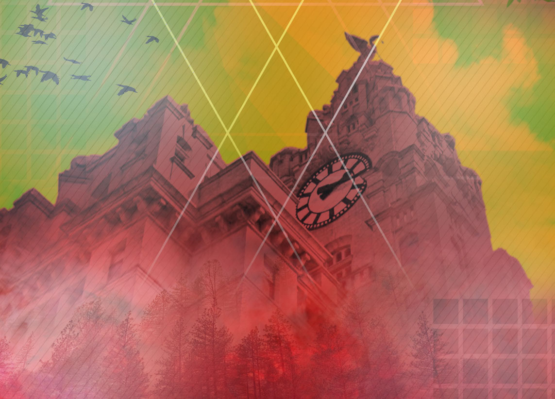 The Belvedere Academy's 'Imagine' poster design close-up on photoshop illustration of the Liver Building Liverpool